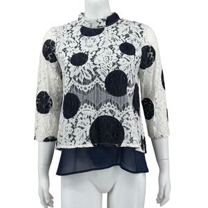 HD in Paris Anthropologie Top Womens 2 Navy Cream Lace Polka Dot Preppy Feminine